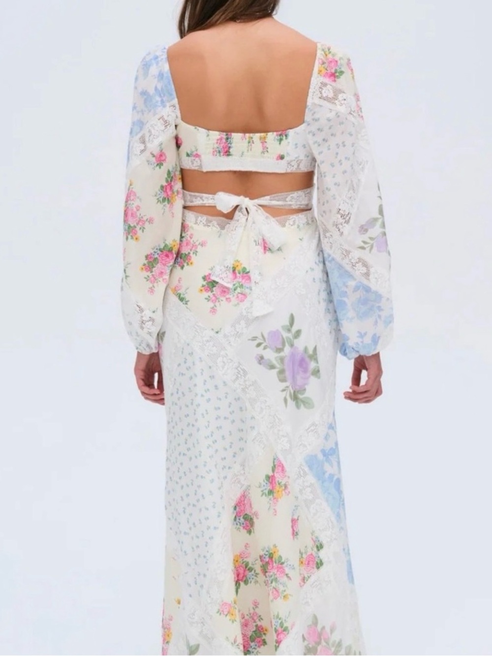NWT - For Love & Lemons White Maxi Dress with Pastel Floral Patchwork - Picture 5 of 6